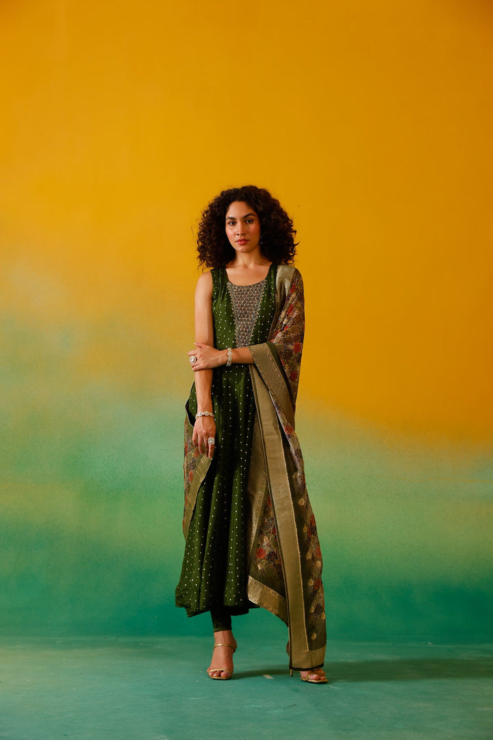 Neerus Green Chinon Embroidered Anarkali Suit Set - side view