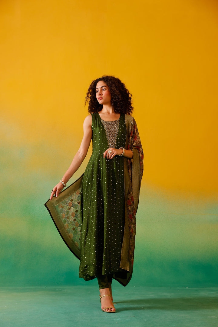 Neerus Green Chinon Embroidered Anarkali Suit Set - detail view 2