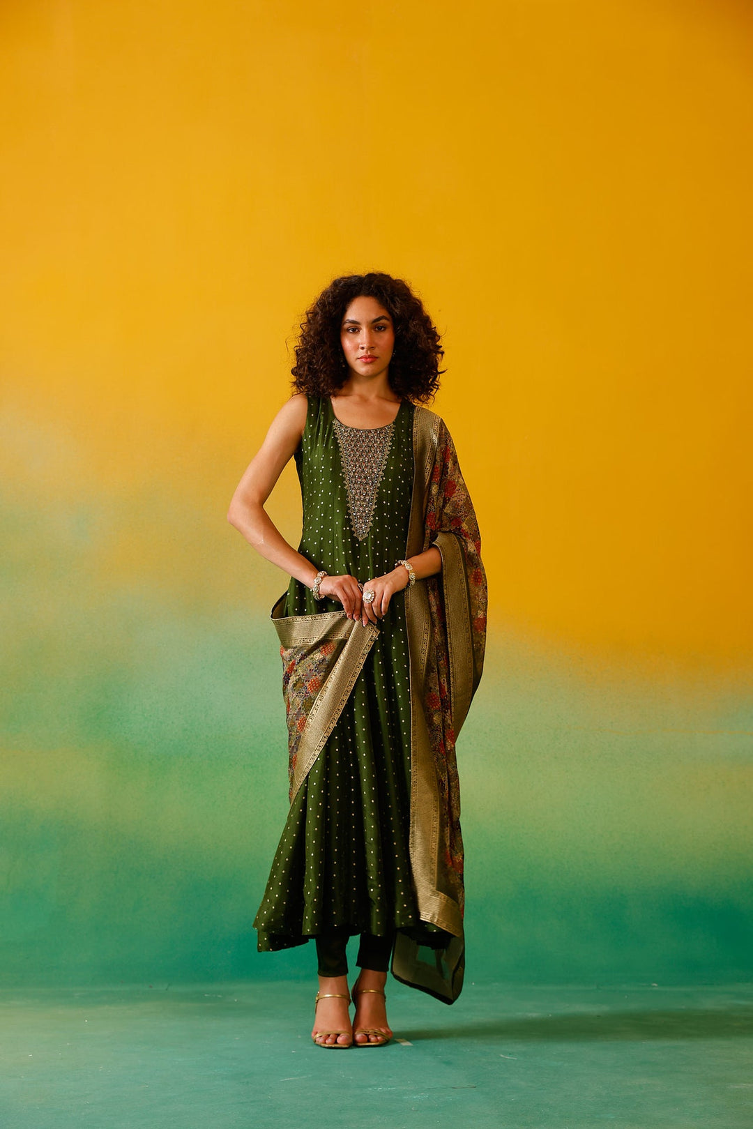 Neerus Green Chinon Embroidered Anarkali Suit Set - detail view 3