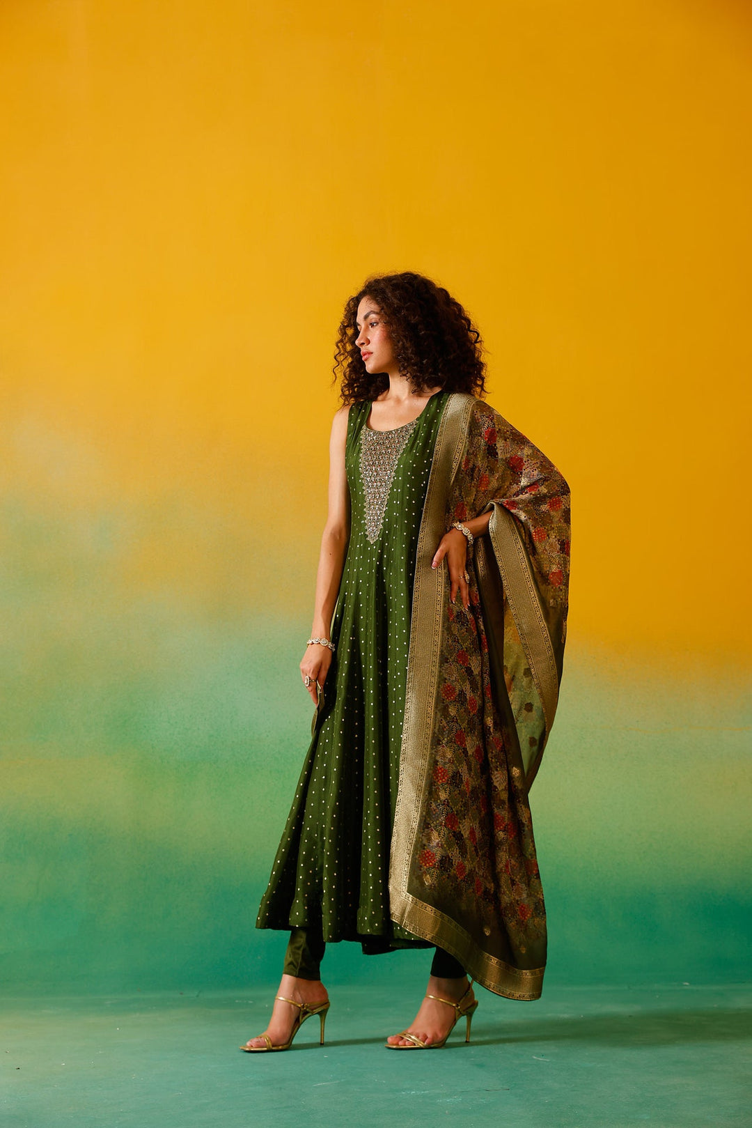 Neerus Green Chinon Embroidered Anarkali Suit Set - detail view 4