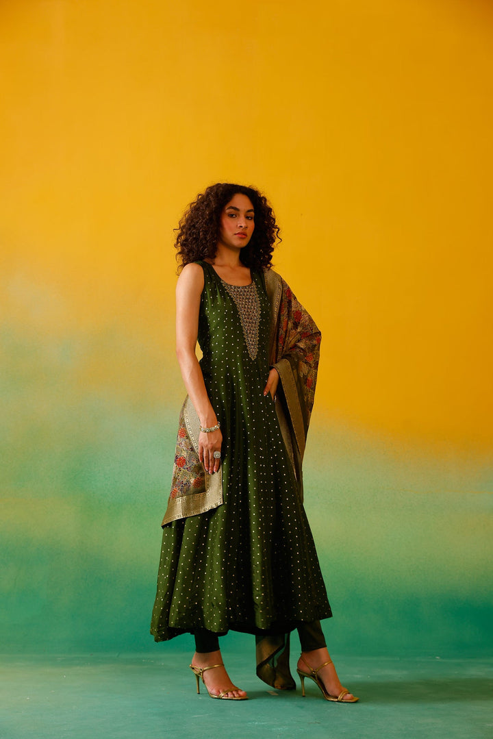 Neerus Green Chinon Embroidered Anarkali Suit Set - detail view 6