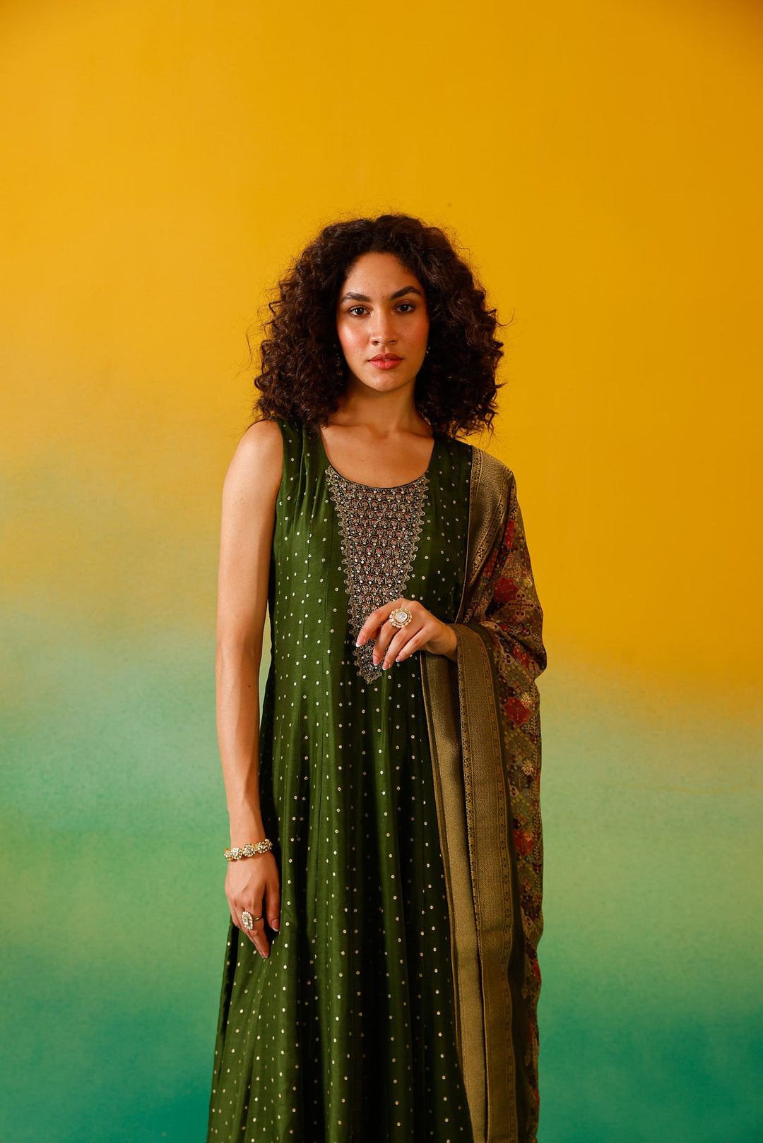 Neerus Green Chinon Embroidered Anarkali Suit Set - detail view 7