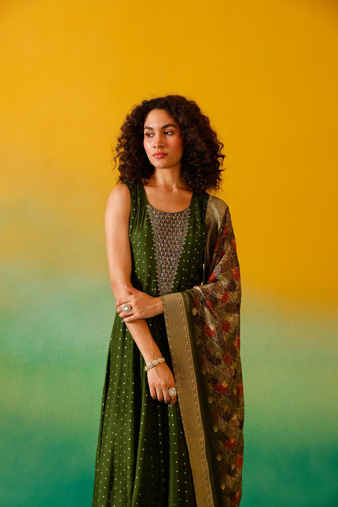 Neerus Green Chinon Embroidered Anarkali Suit Set - detail view 8