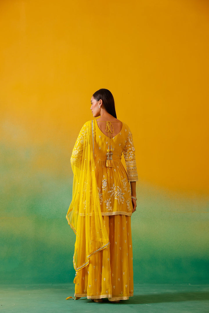 Neerus Yellow Georgette Embroidered Co-Ord Set - side view