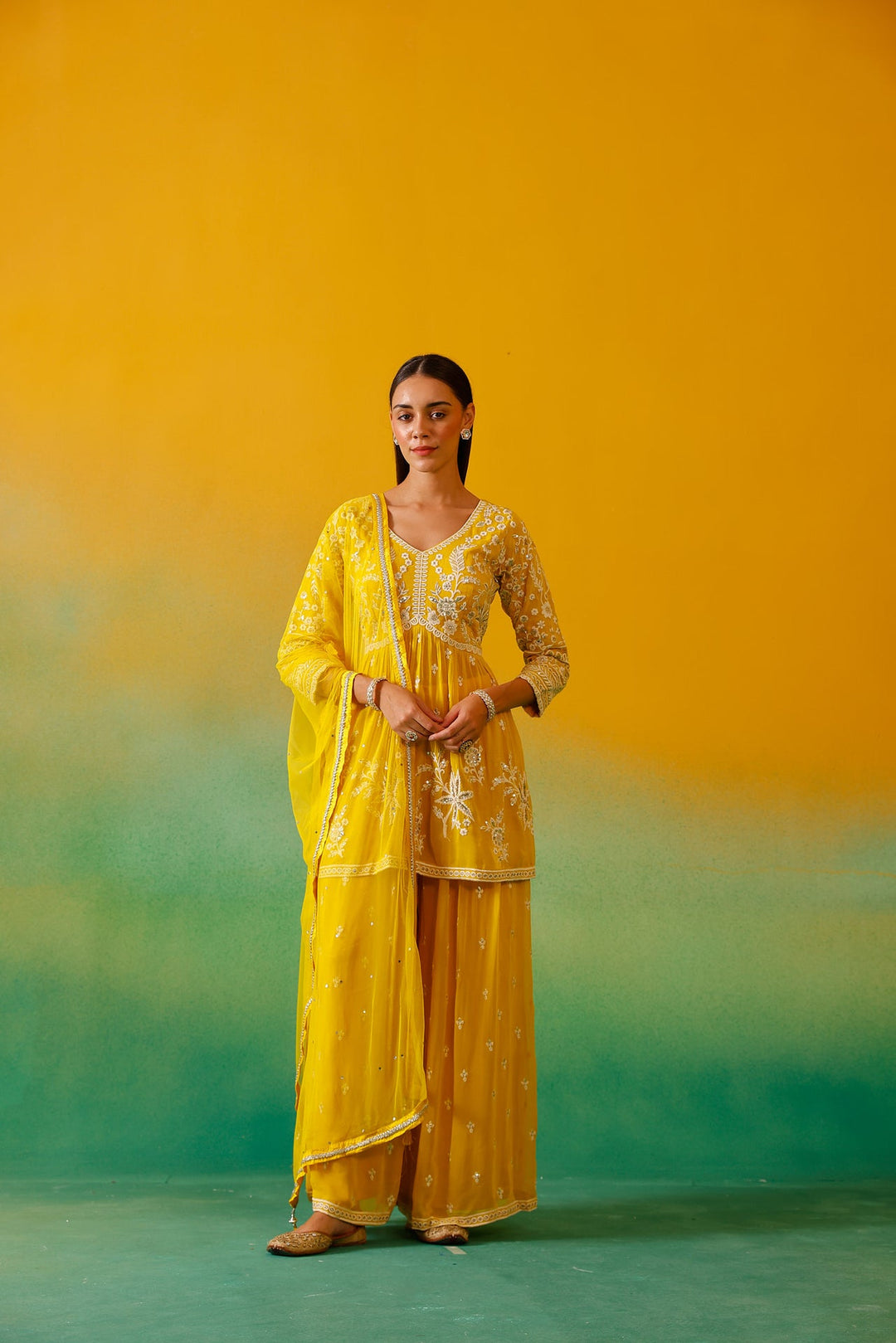 Neerus Yellow Georgette Embroidered Co-Ord Set - back view