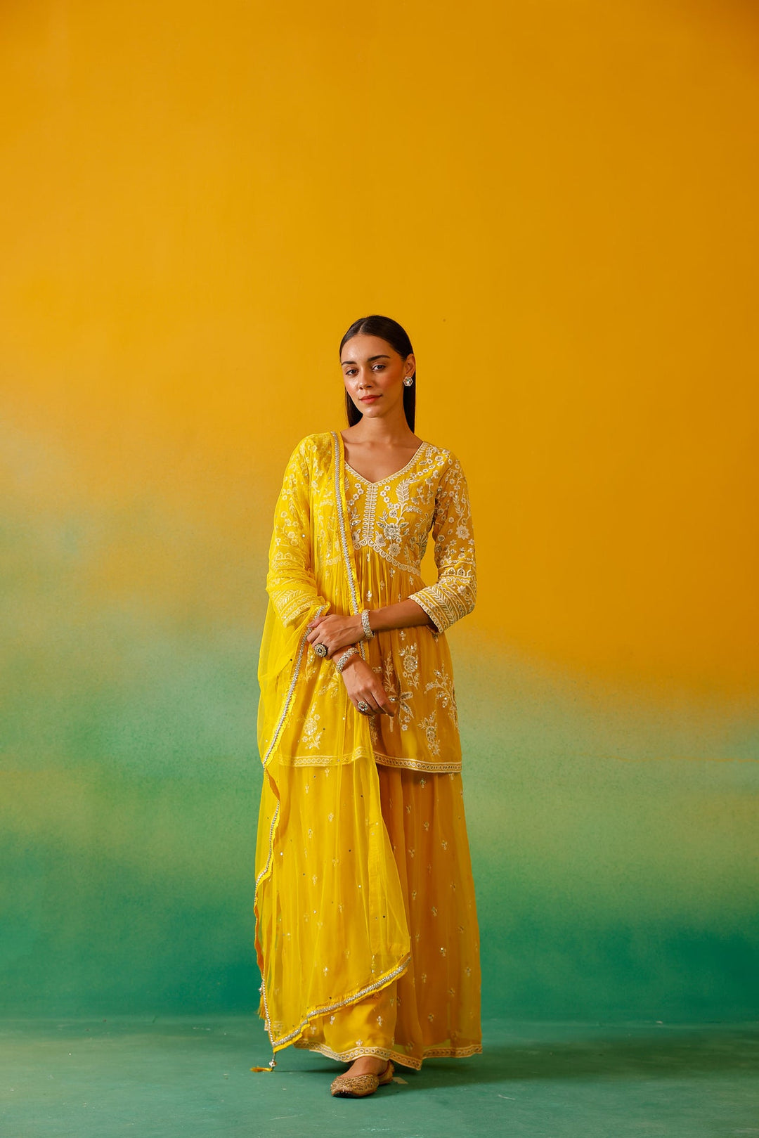 Neerus Yellow Georgette Embroidered Co-Ord Set - detail view 1
