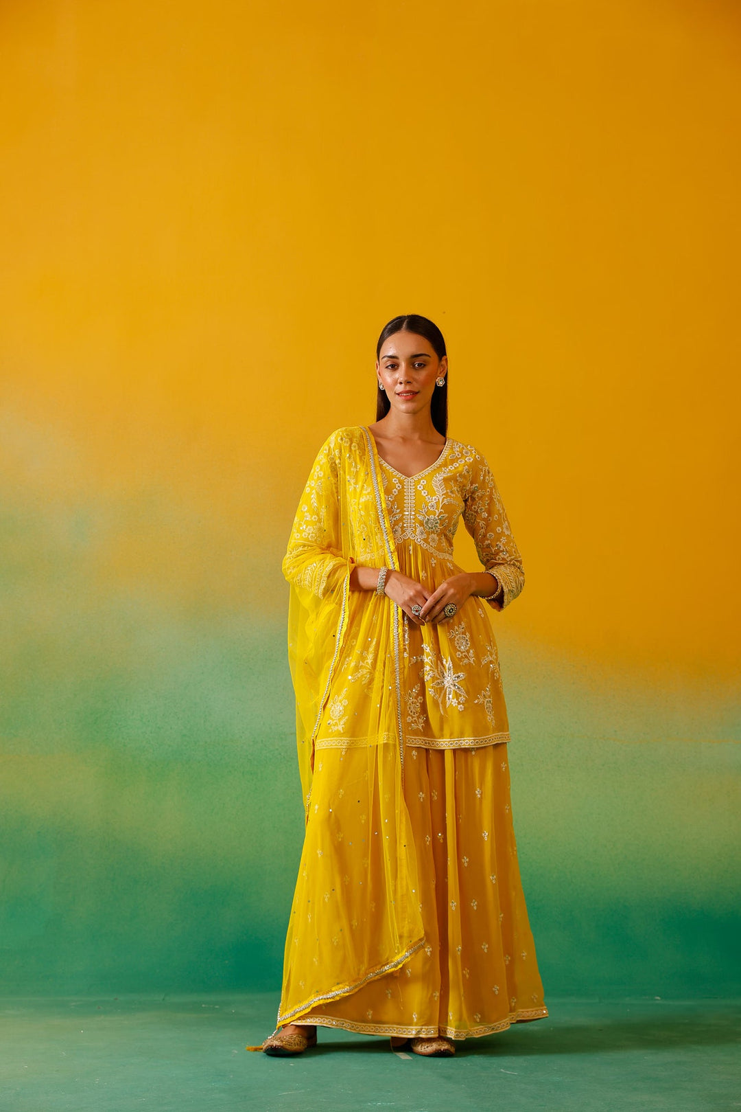 Neerus Yellow Georgette Embroidered Co-Ord Set - detail view 2