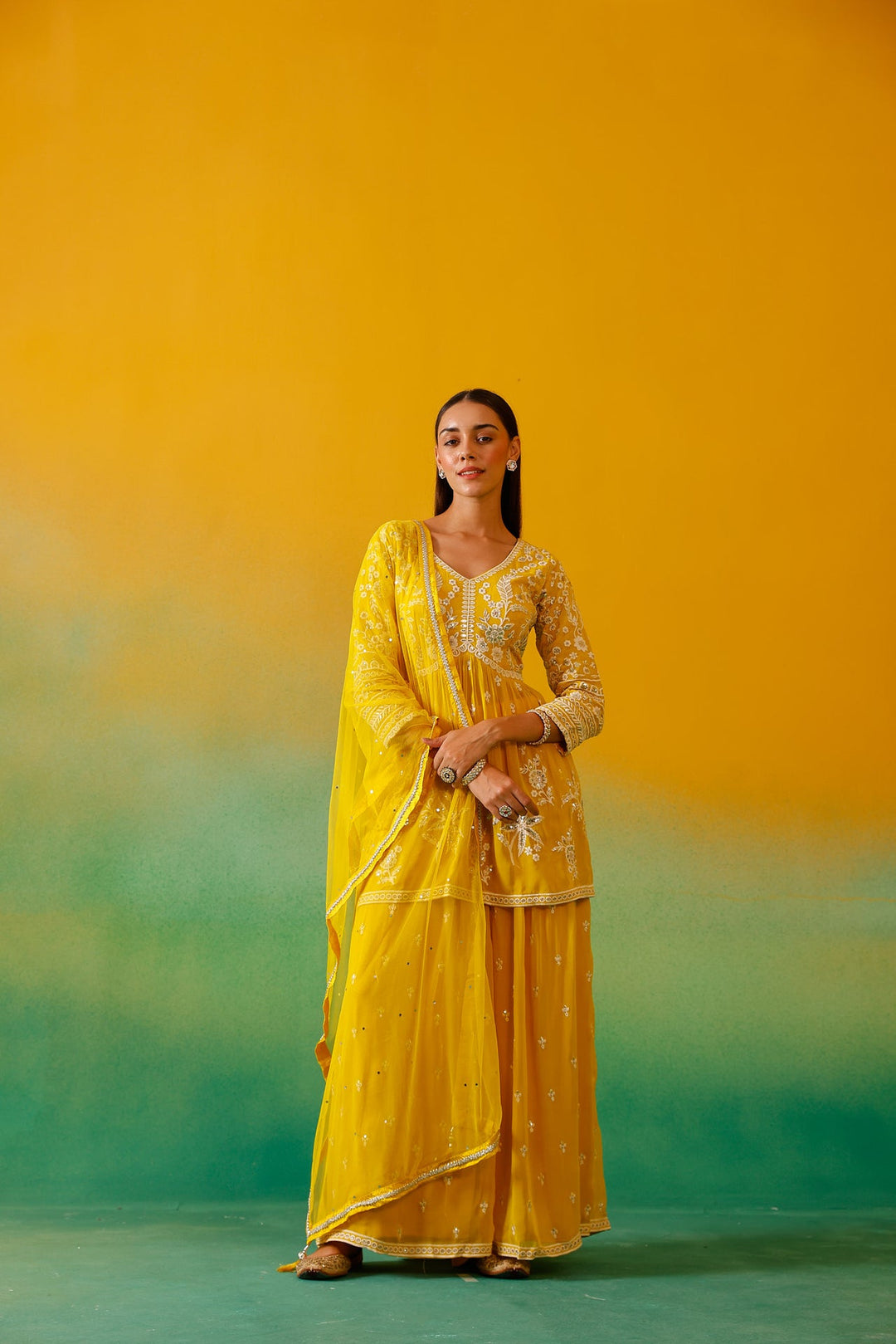 Neerus Yellow Georgette Embroidered Co-Ord Set - detail view 3