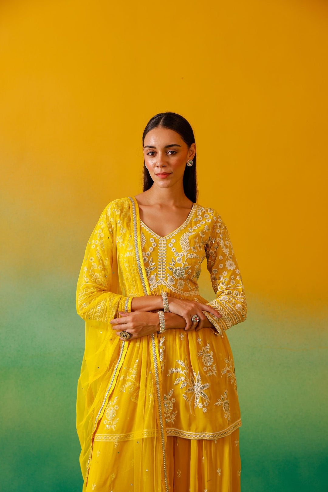 Neerus Yellow Georgette Embroidered Co-Ord Set - detail view 4