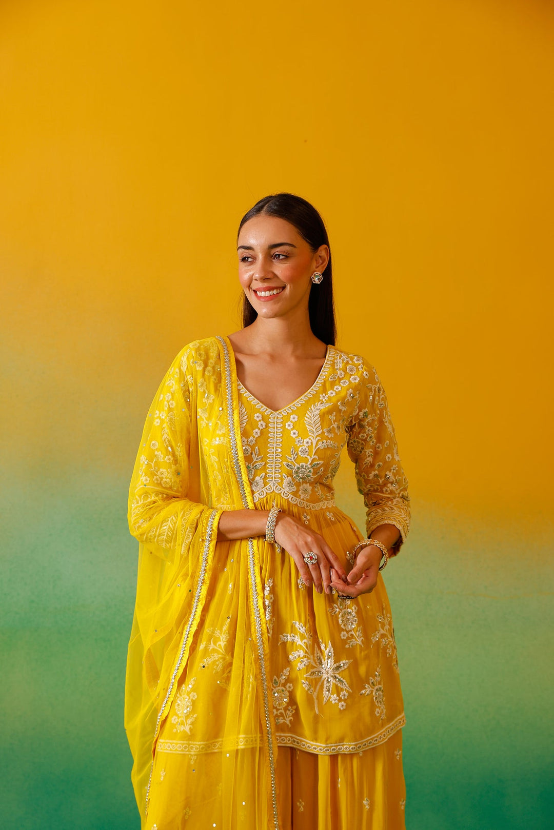 Neerus Yellow Georgette Embroidered Co-Ord Set - detail view 5