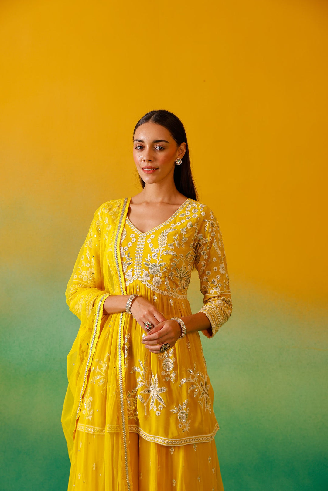 Neerus Yellow Georgette Embroidered Co-Ord Set - detail view 6