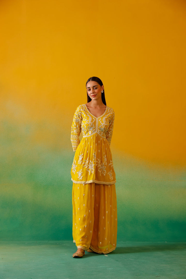 Neerus Yellow Georgette Embroidered Co-Ord Set - detail view 7
