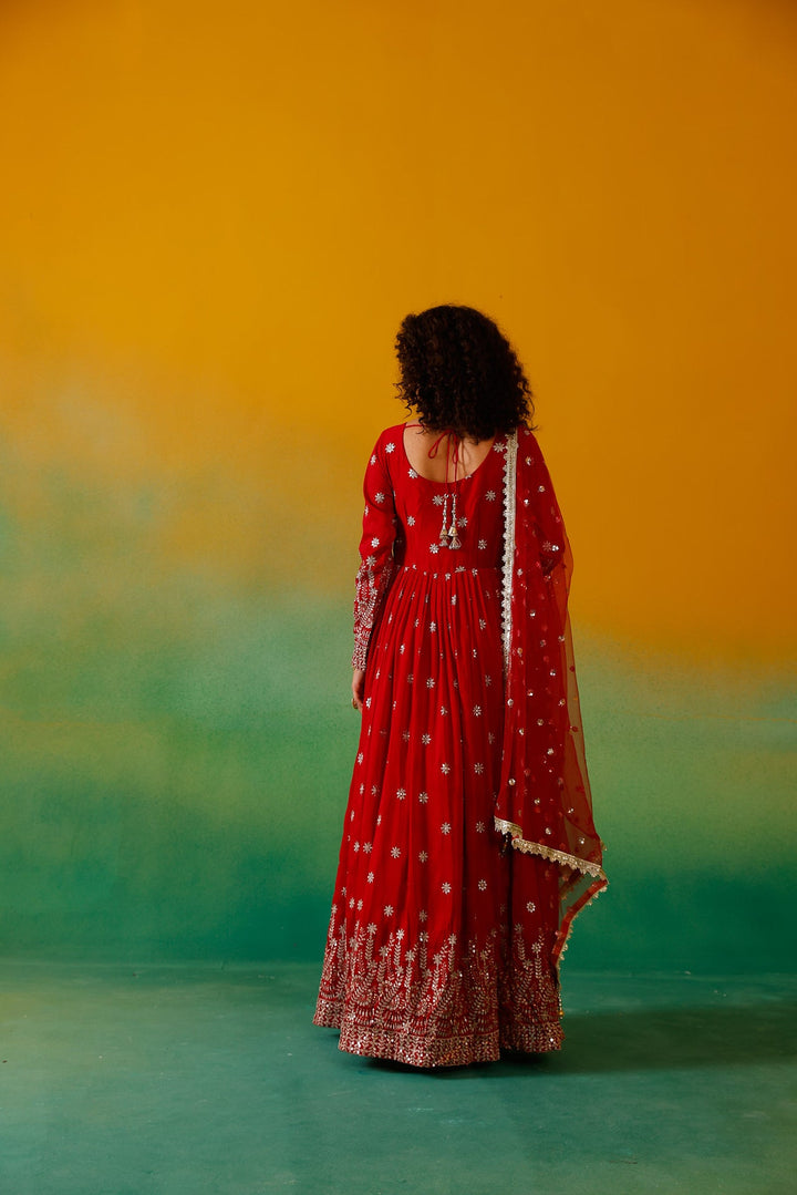 Neerus Red Silk Embroidered Anarkali with Dupatta - detail view 3