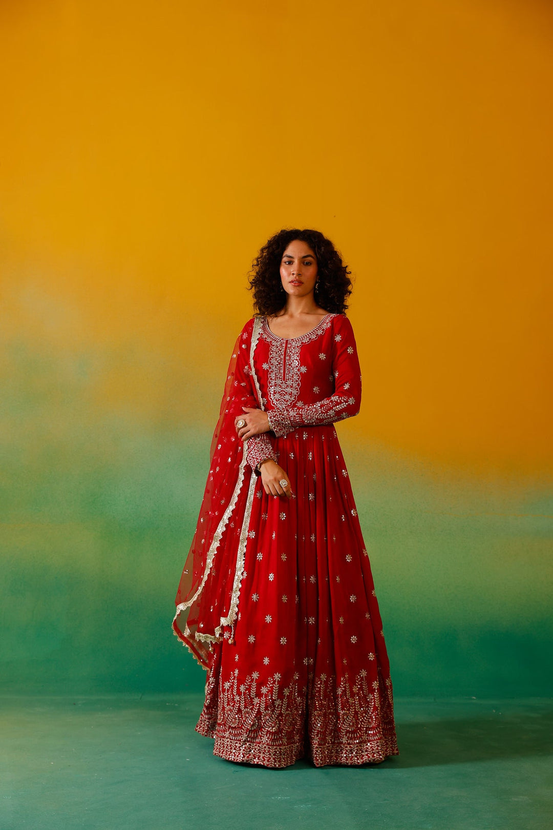 Neerus Red Silk Embroidered Anarkali with Dupatta - back view