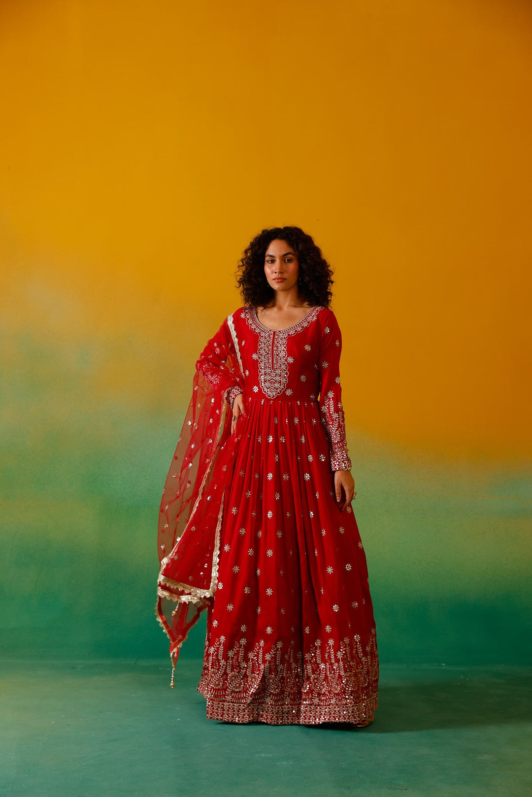 Neerus Red Silk Embroidered Anarkali with Dupatta - side view