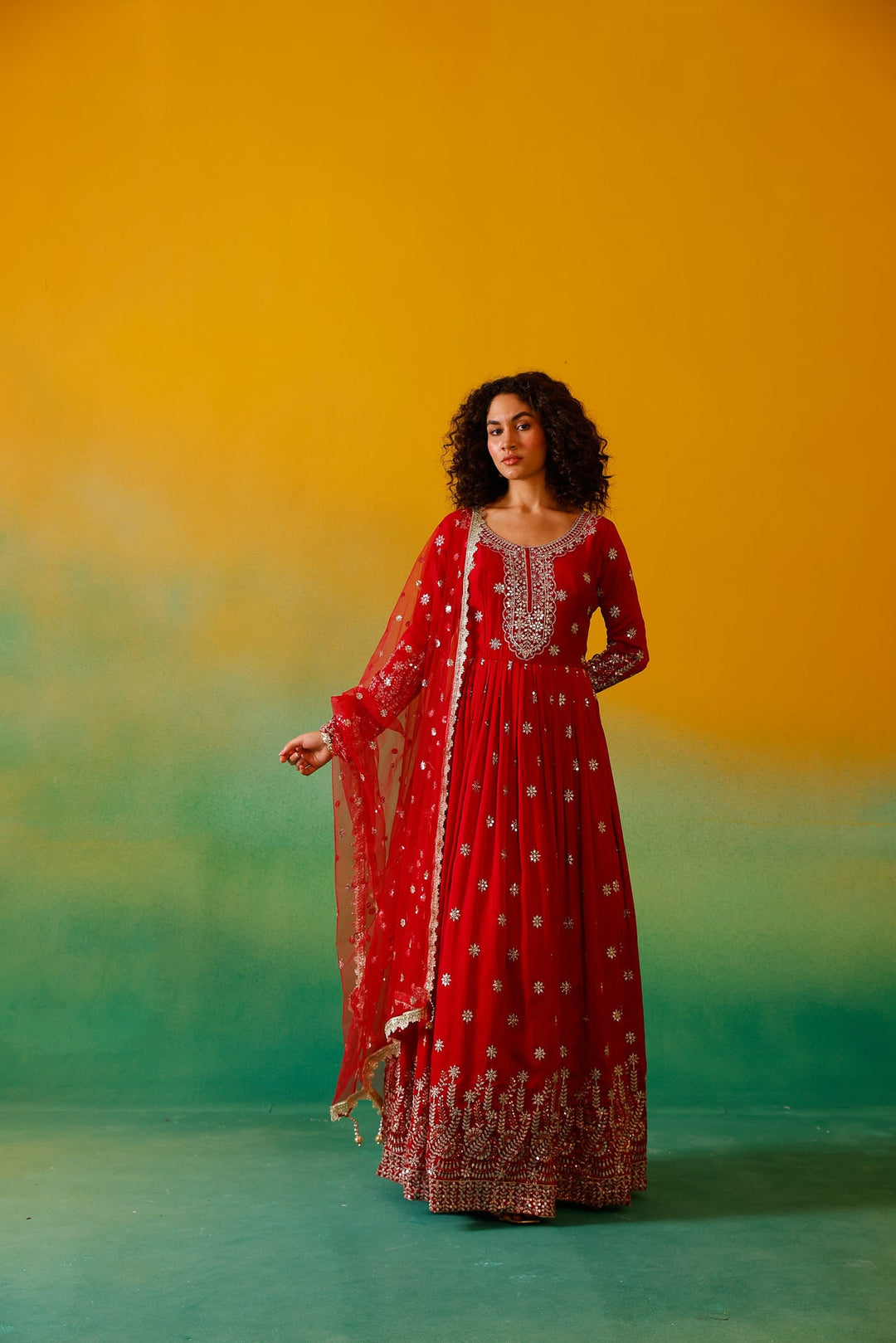 Neerus Red Silk Embroidered Anarkali with Dupatta - detail view 1