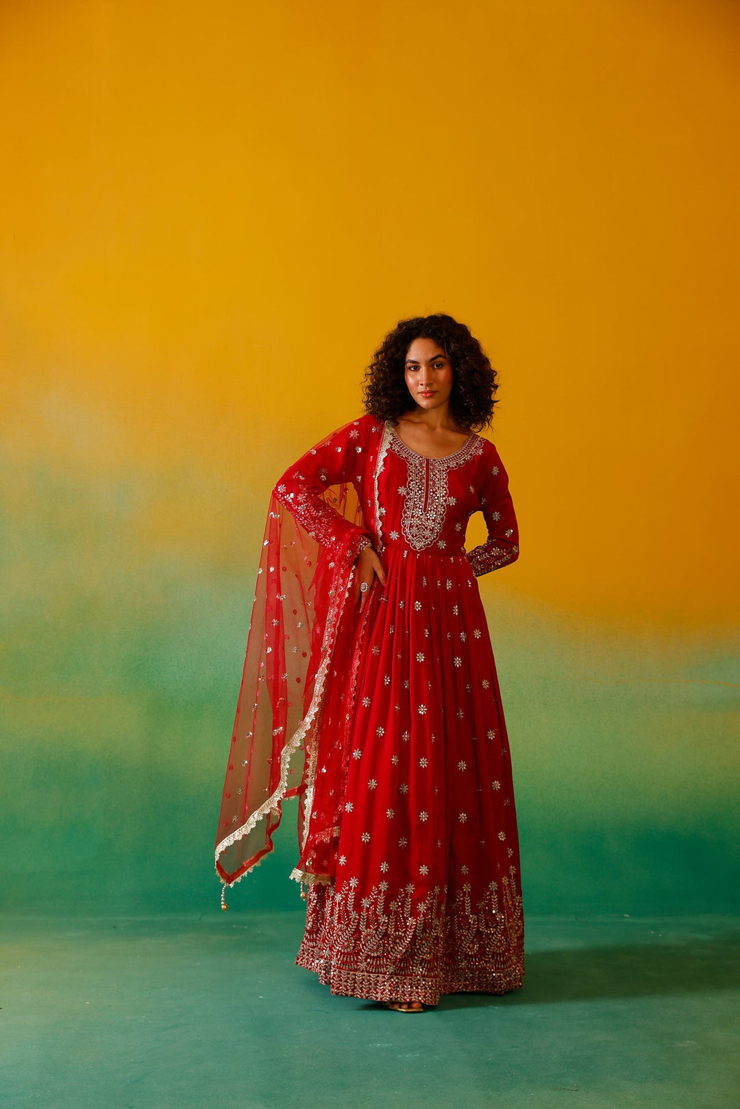 Neerus Red Silk Embroidered Anarkali with Dupatta - detail view 2