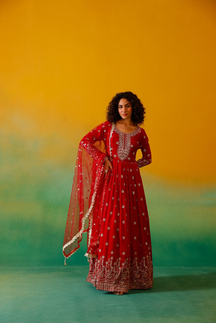 Neerus Red Silk Embroidered Anarkali with Dupatta - detail view 2