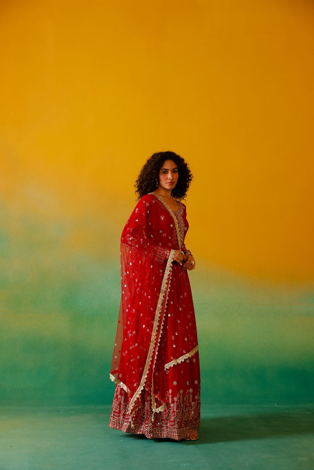 Neerus Red Silk Embroidered Anarkali with Dupatta - detail view 5