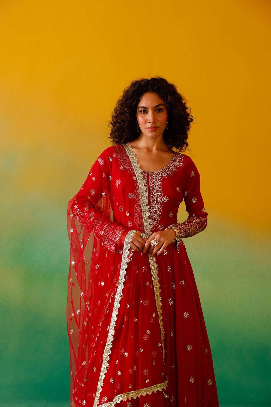 Neerus Red Silk Embroidered Anarkali with Dupatta - detail view 6