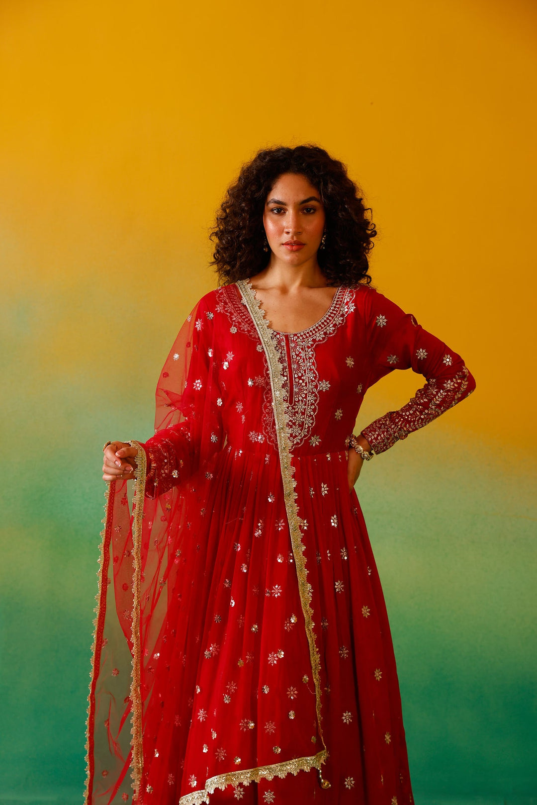 Neerus Red Silk Embroidered Anarkali with Dupatta - detail view 7
