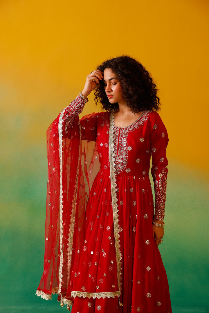 Neerus Red Silk Embroidered Anarkali with Dupatta - detail view 8