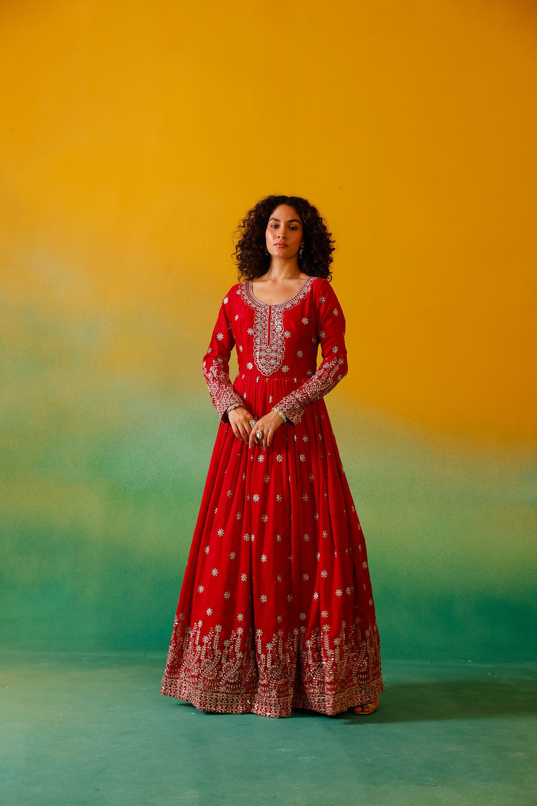 Neerus Red Silk Embroidered Anarkali with Dupatta - detail view 9