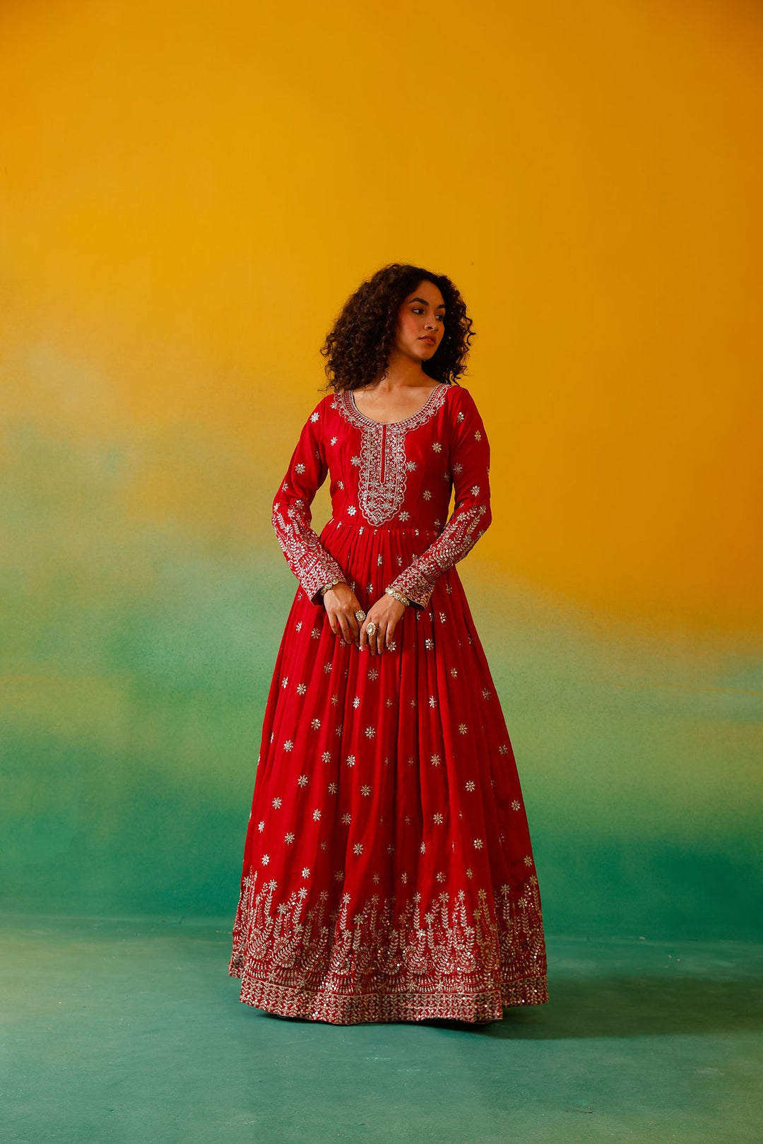 Neerus Red Silk Embroidered Anarkali with Dupatta - detail view 10