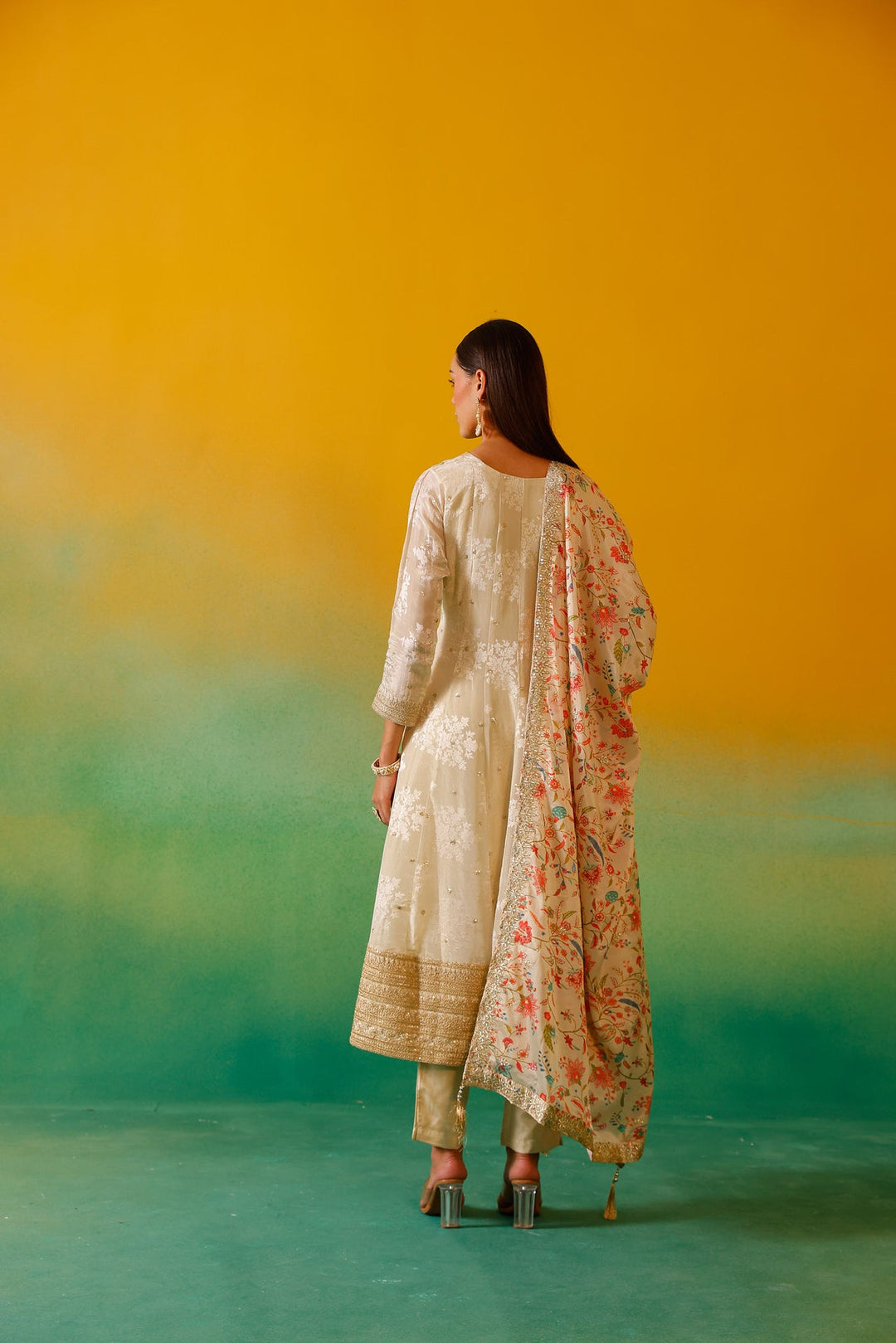 Neerus Beige tissue embroidered anarkali suit set - detail view 13