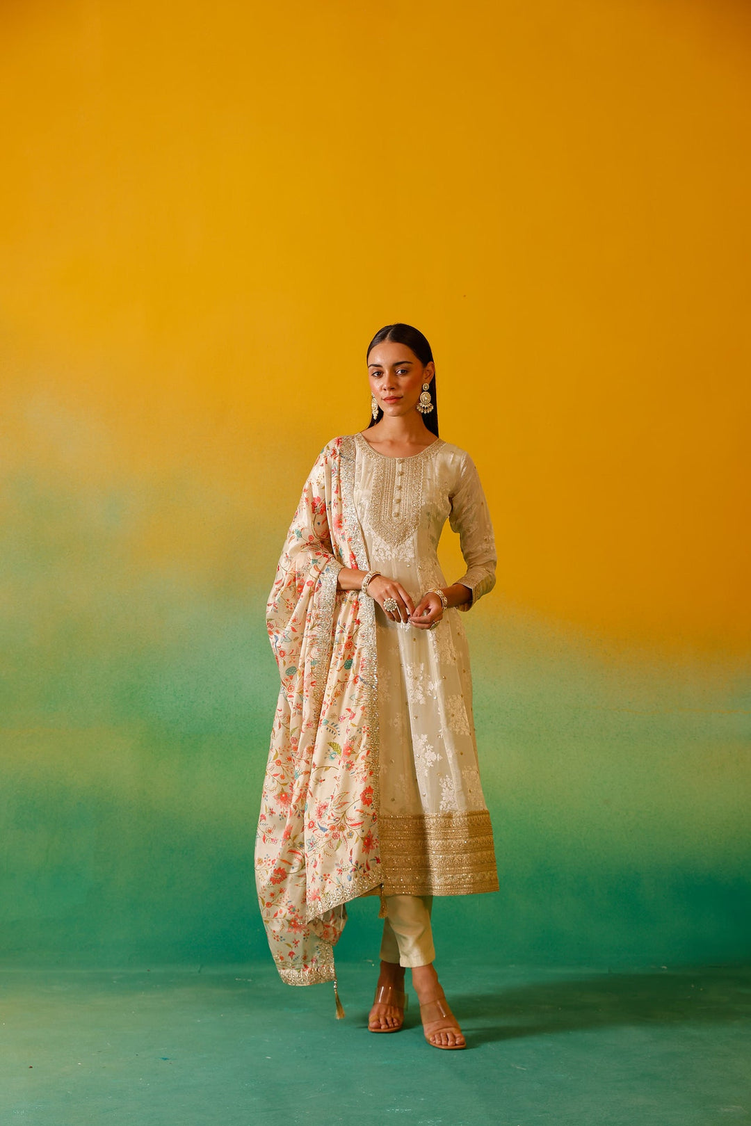 Neerus Beige tissue embroidered anarkali suit set - back view