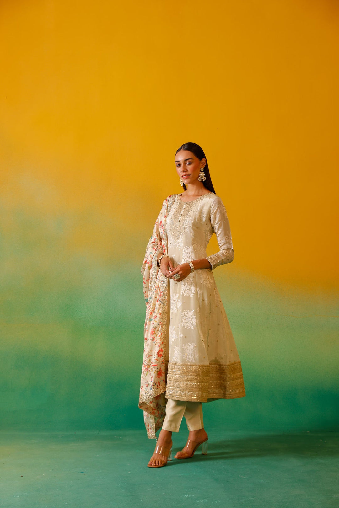 Neerus Beige tissue embroidered anarkali suit set - detail view 1