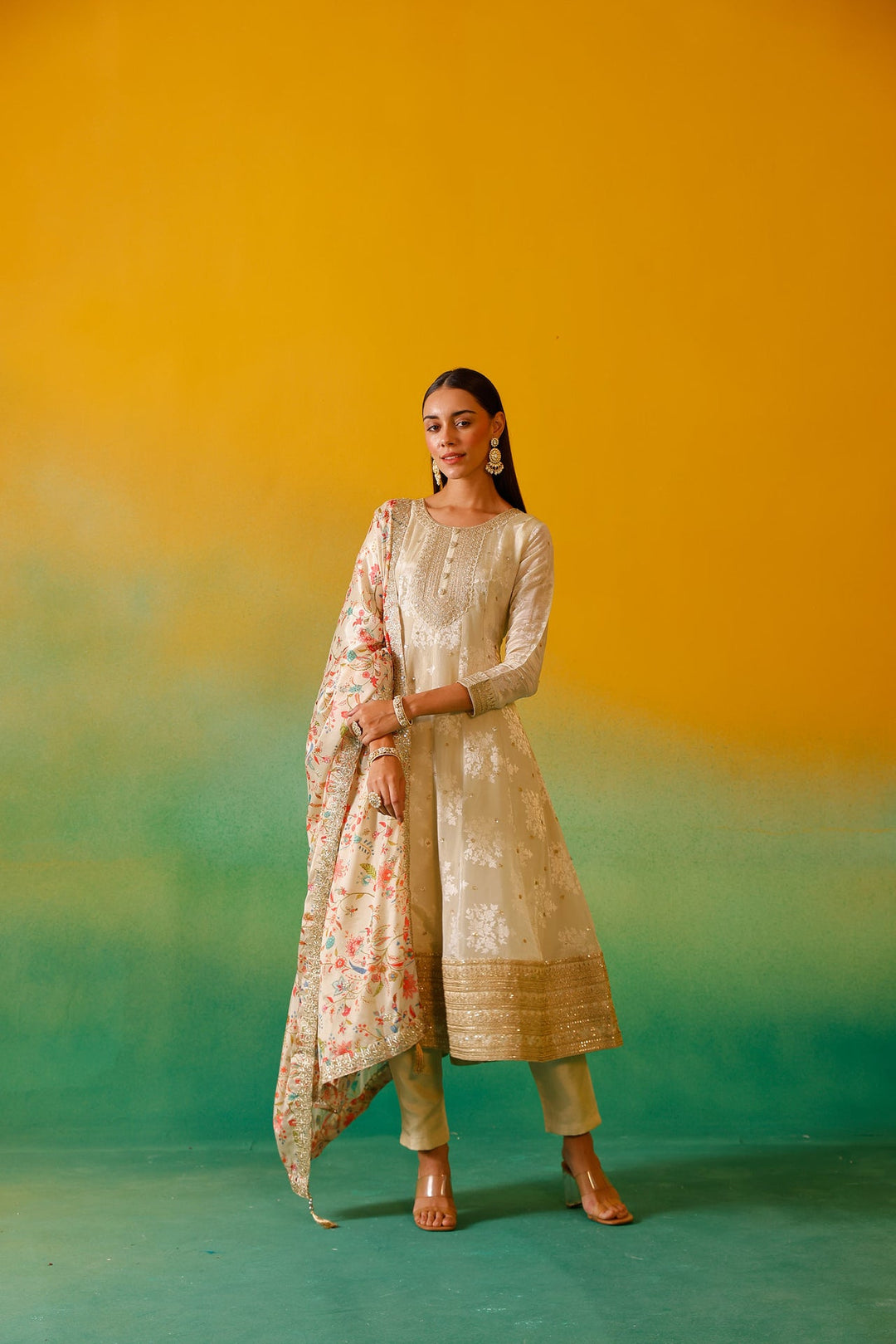 Neerus Beige tissue embroidered anarkali suit set - detail view 2