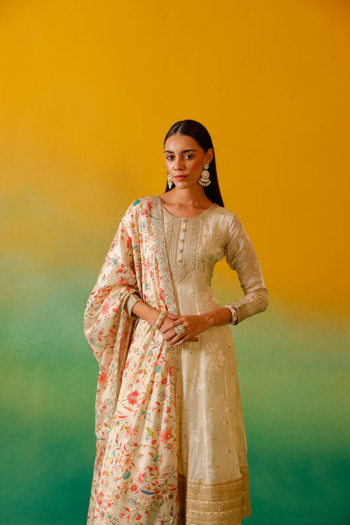 Neerus Beige tissue embroidered anarkali suit set - detail view 3