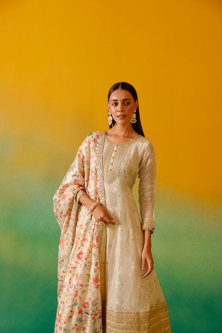Neerus Beige tissue embroidered anarkali suit set - detail view 4