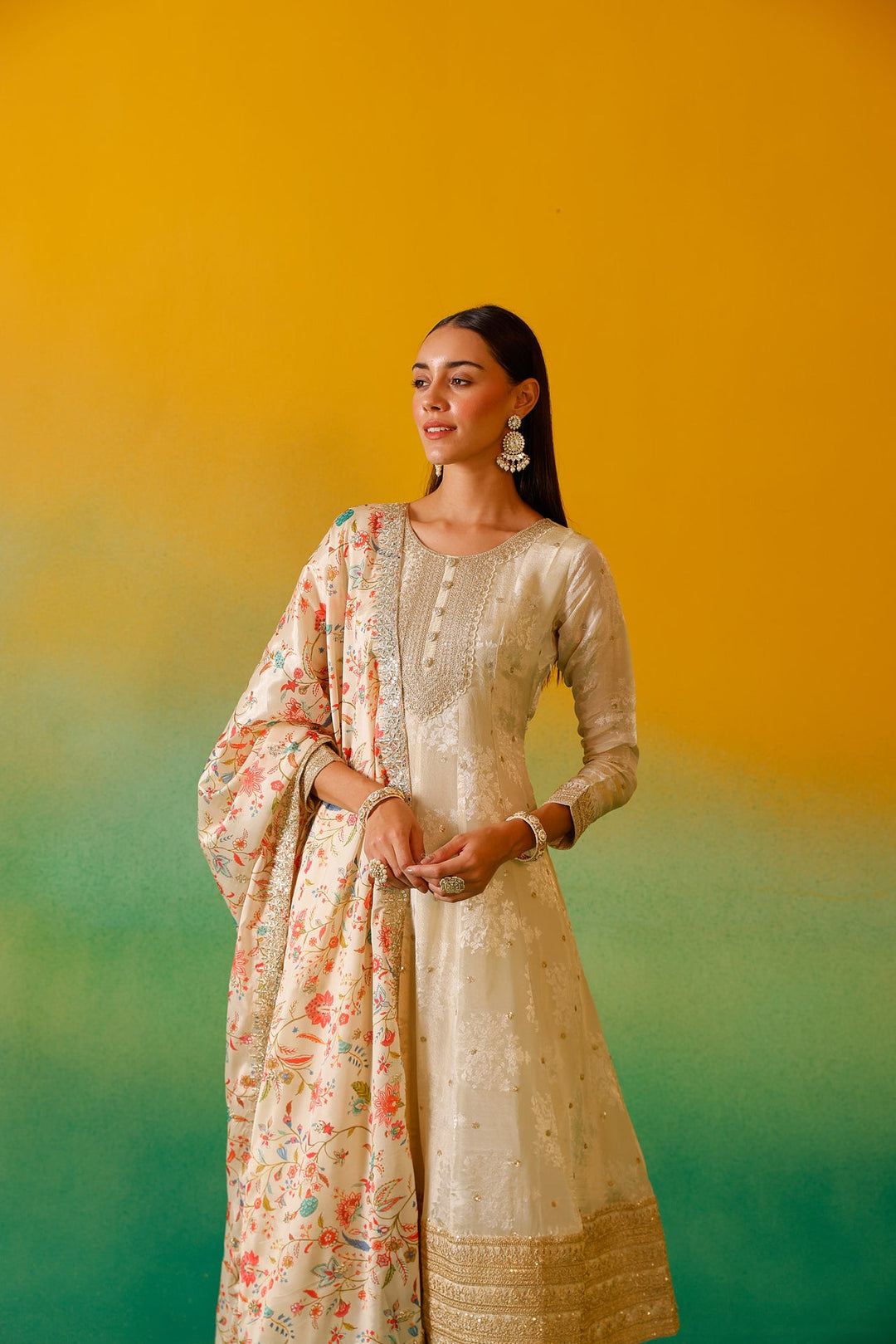 Neerus Beige tissue embroidered anarkali suit set - detail view 5