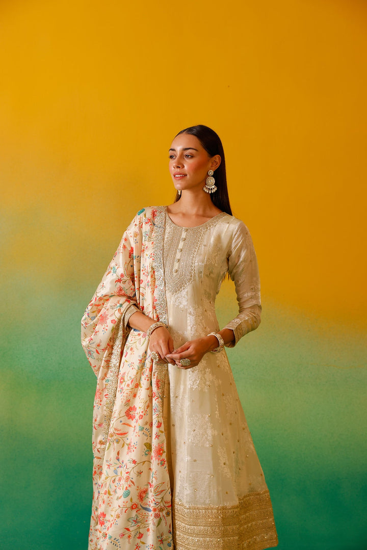 Neerus Beige tissue embroidered anarkali suit set - detail view 5