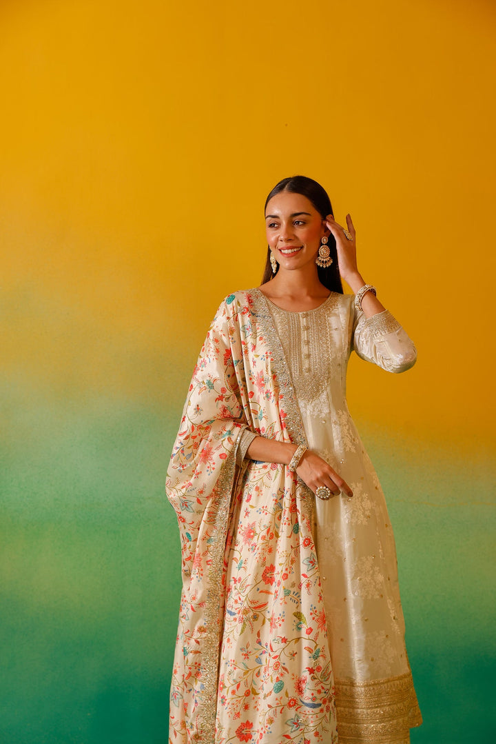 Neerus Beige tissue embroidered anarkali suit set - detail view 6