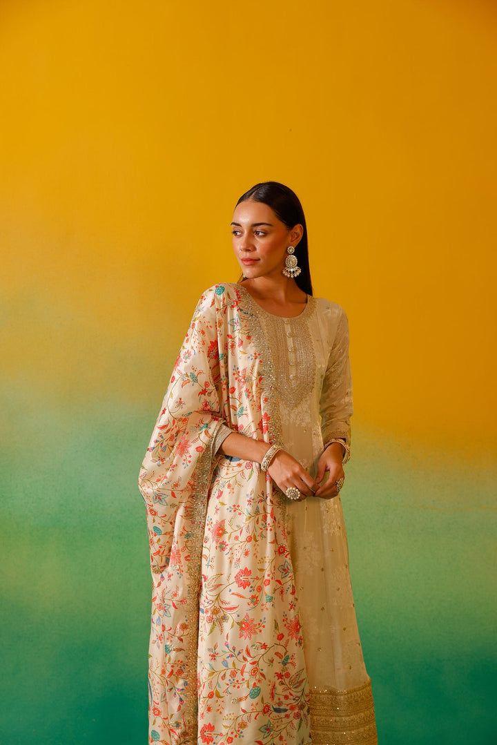 Neerus Beige tissue embroidered anarkali suit set - detail view 7