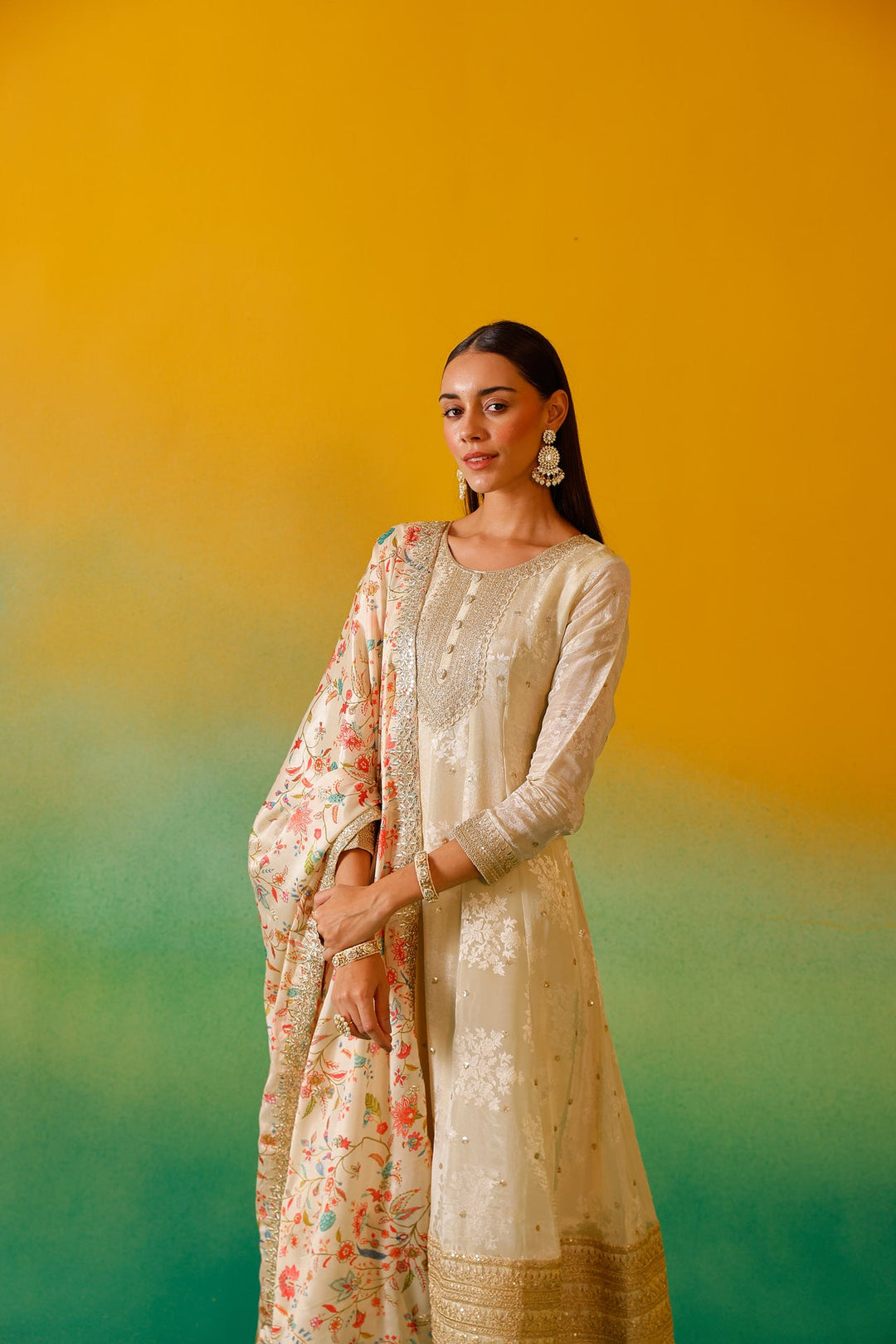 Neerus Beige tissue embroidered anarkali suit set - detail view 8