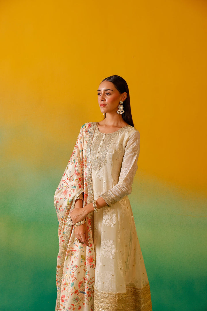 Neerus Beige tissue embroidered anarkali suit set - detail view 9