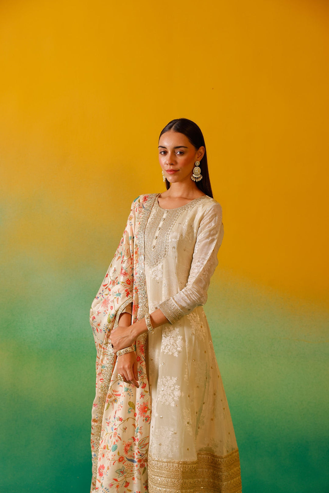 Neerus Beige tissue embroidered anarkali suit set - detail view 10