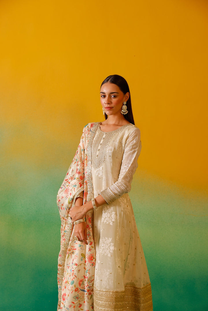 Neerus Beige tissue embroidered anarkali suit set - detail view 10