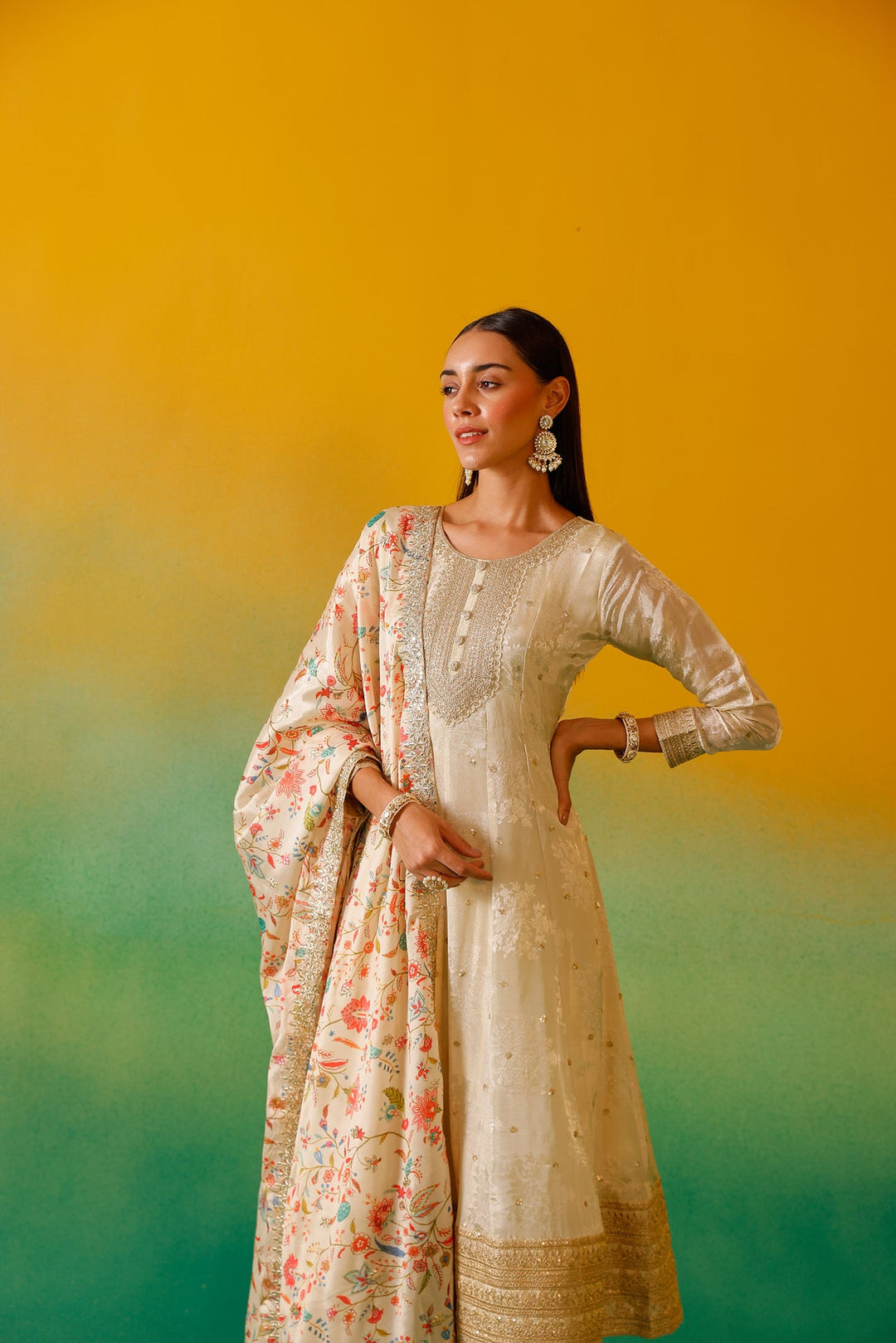 Neerus Beige tissue embroidered anarkali suit set - detail view 11