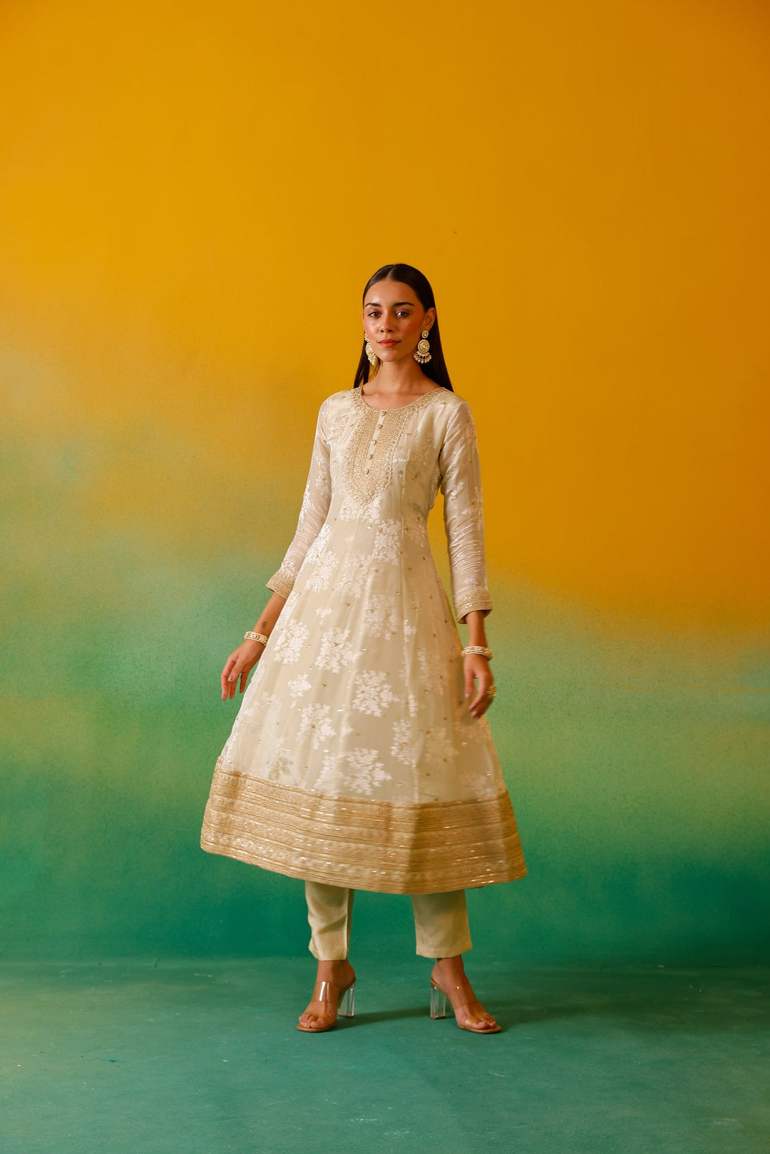 Neerus Beige tissue embroidered anarkali suit set - detail view 12