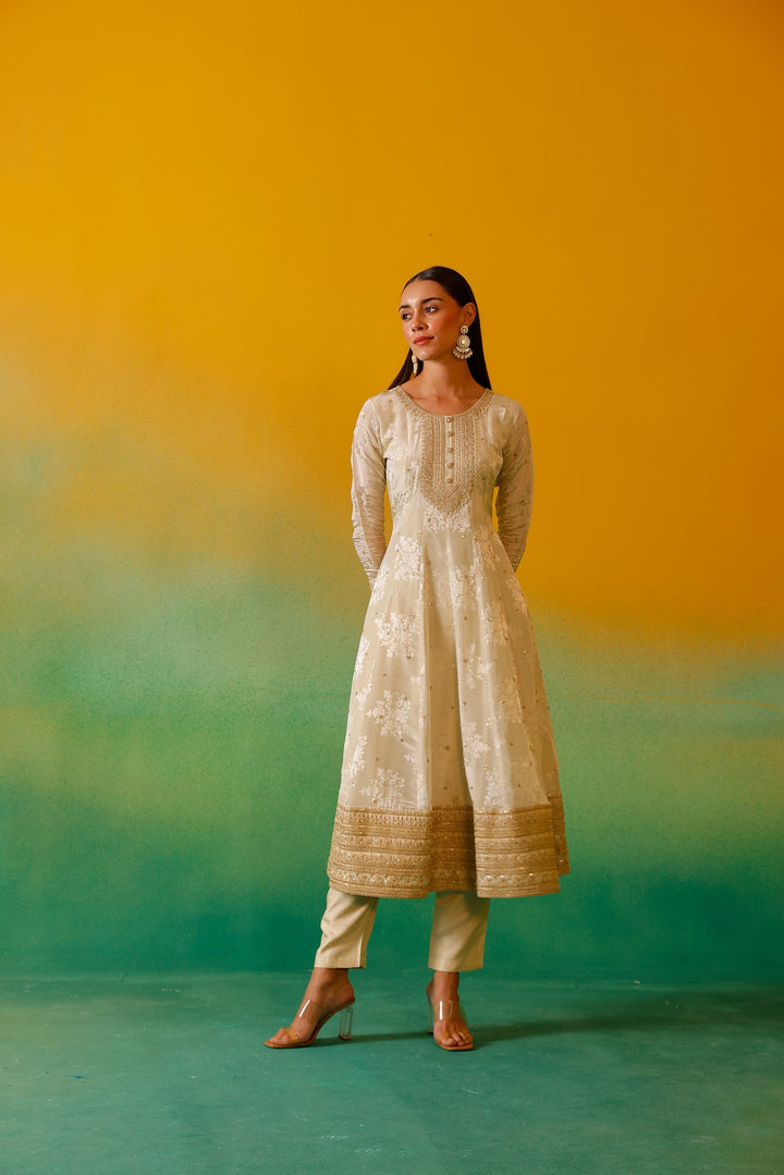 Neerus Beige tissue embroidered anarkali suit set - detail view 14