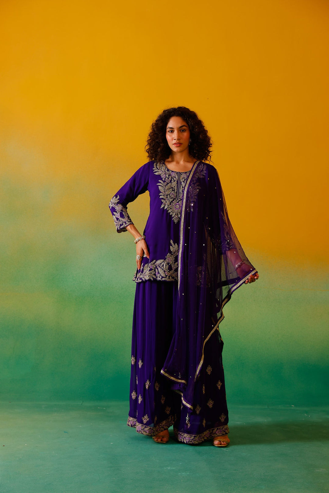 Neerus Purple georgette embroidered suit set - back view