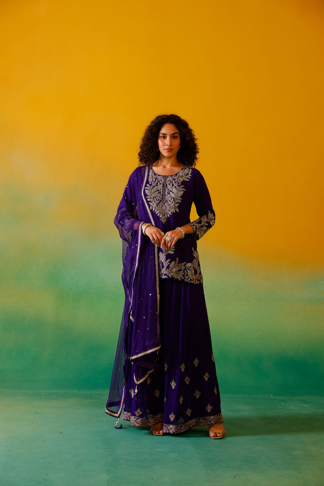Neerus Purple georgette embroidered suit set - side view