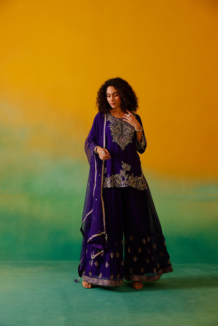 Neerus Purple georgette embroidered suit set - detail view 11