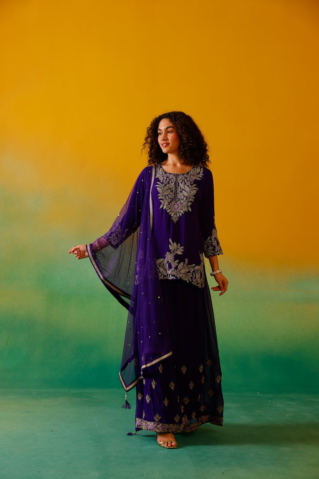 Neerus Purple georgette embroidered suit set - detail view 12