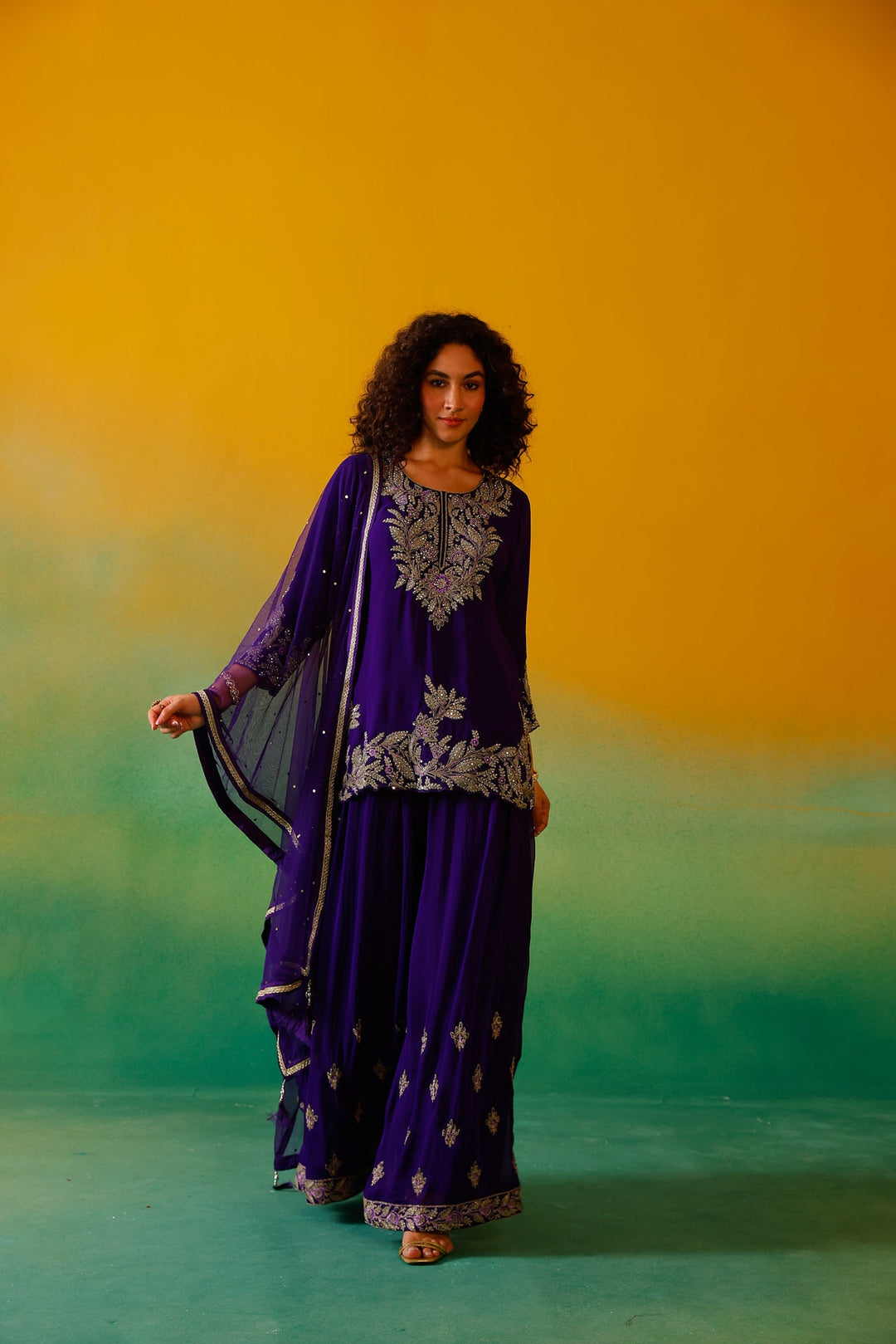 Neerus Purple georgette embroidered suit set - detail view 1